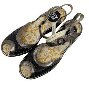 Fly London Sandals Womens Size 38 Black Metallic Leather Strappy Wedges Shoes